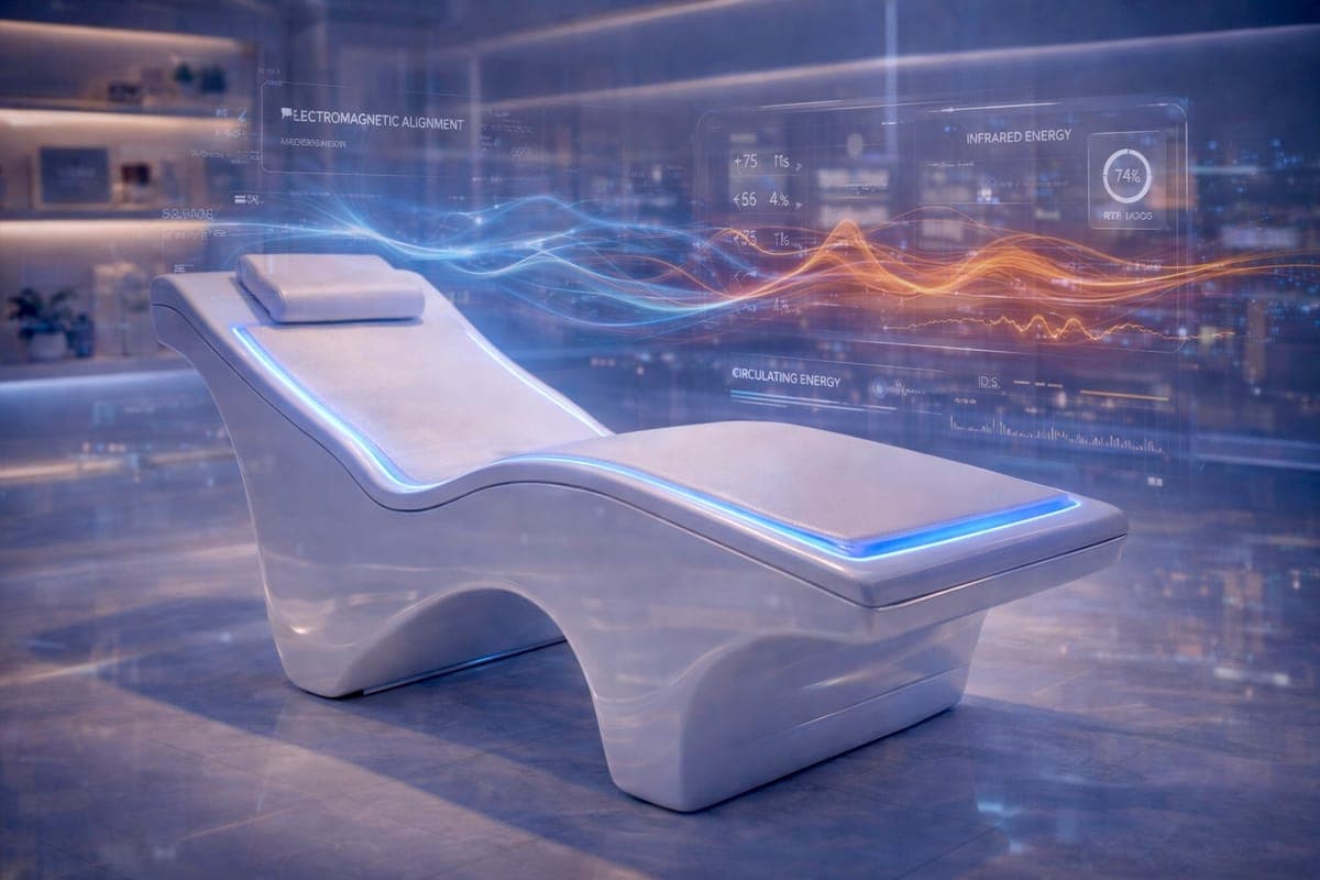 Illustration of the VEMI Bed and the vibroacoustic, electromagnetic and infrared technology it combines